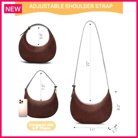 Vintage Suede Hobo Crossbody Bag Adjustable Strap Roomy Capacity 11.2" - Picture 6 of 8